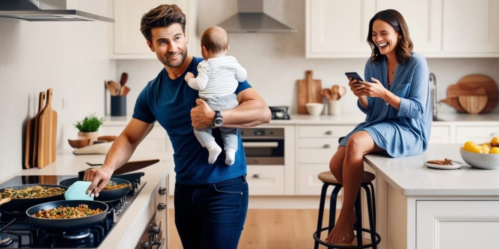 Husband cooking and taking care of kids