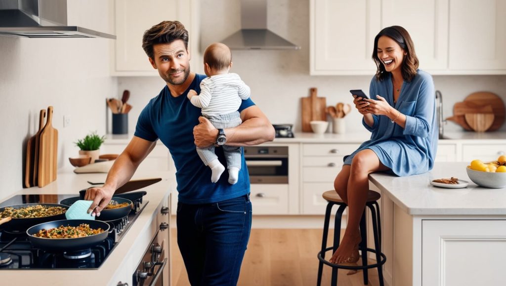 Husband cooking and taking care of kids